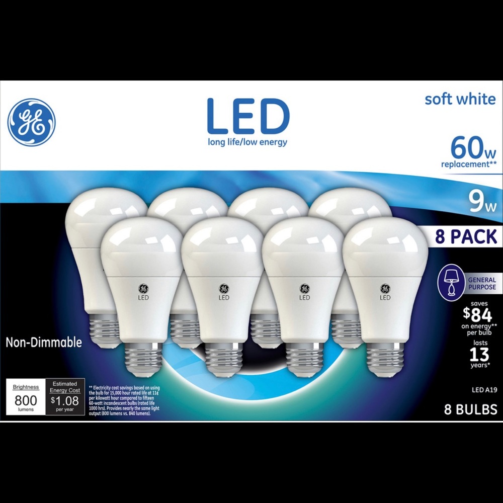 GE 9W A19 LED Soft White 8 pack💡💡💡💡💡💡💡💡